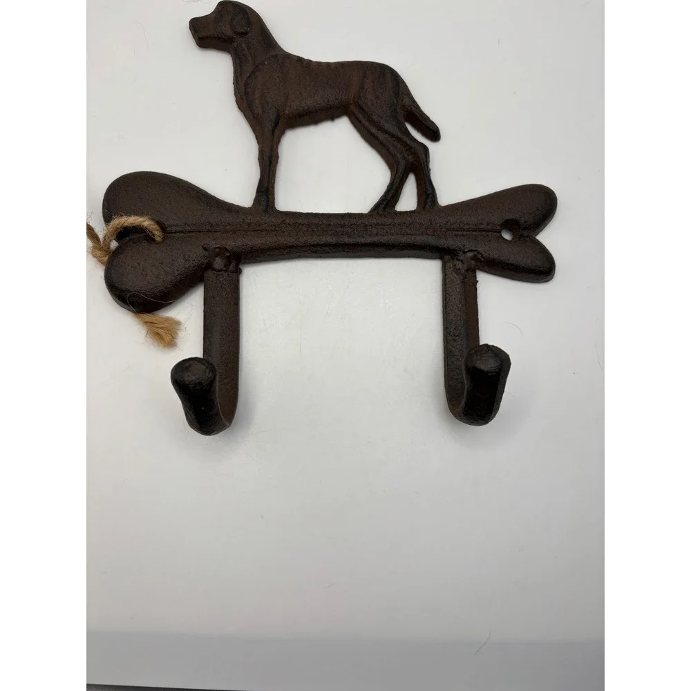 Cast Iron Dog on Bone Wall Hook Rack Rustic Brown Leash Key Holder 2 Hooks